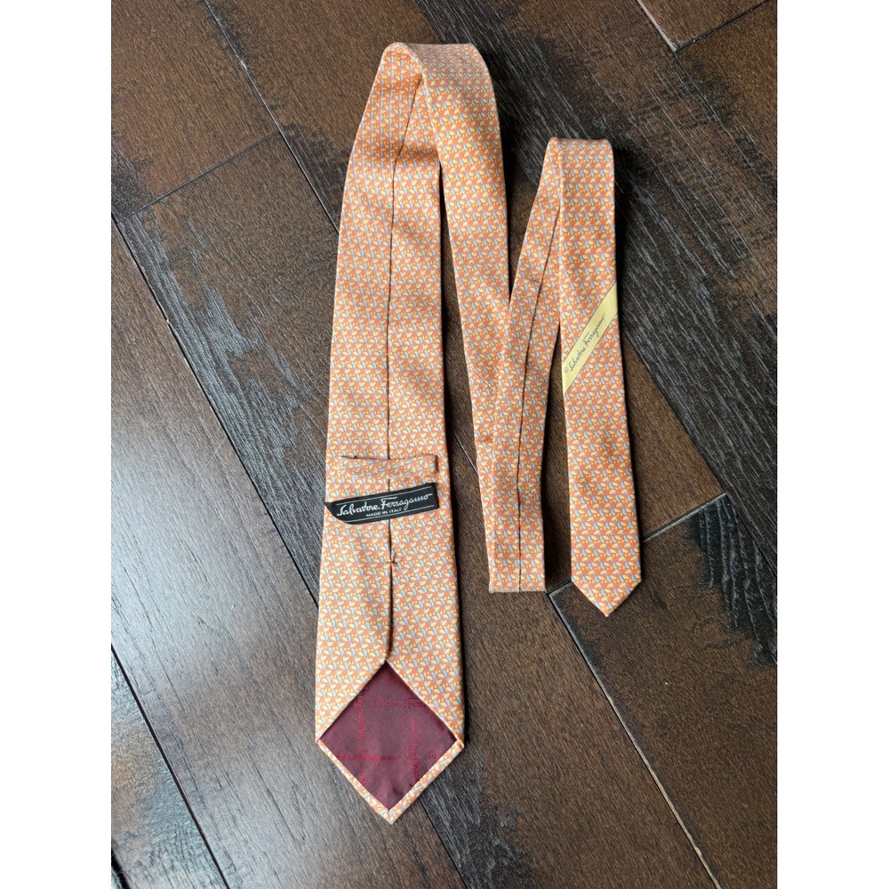 Salvatore Ferragamo Silk Tie OS Orange Italian Designer Fish Pattern luxury